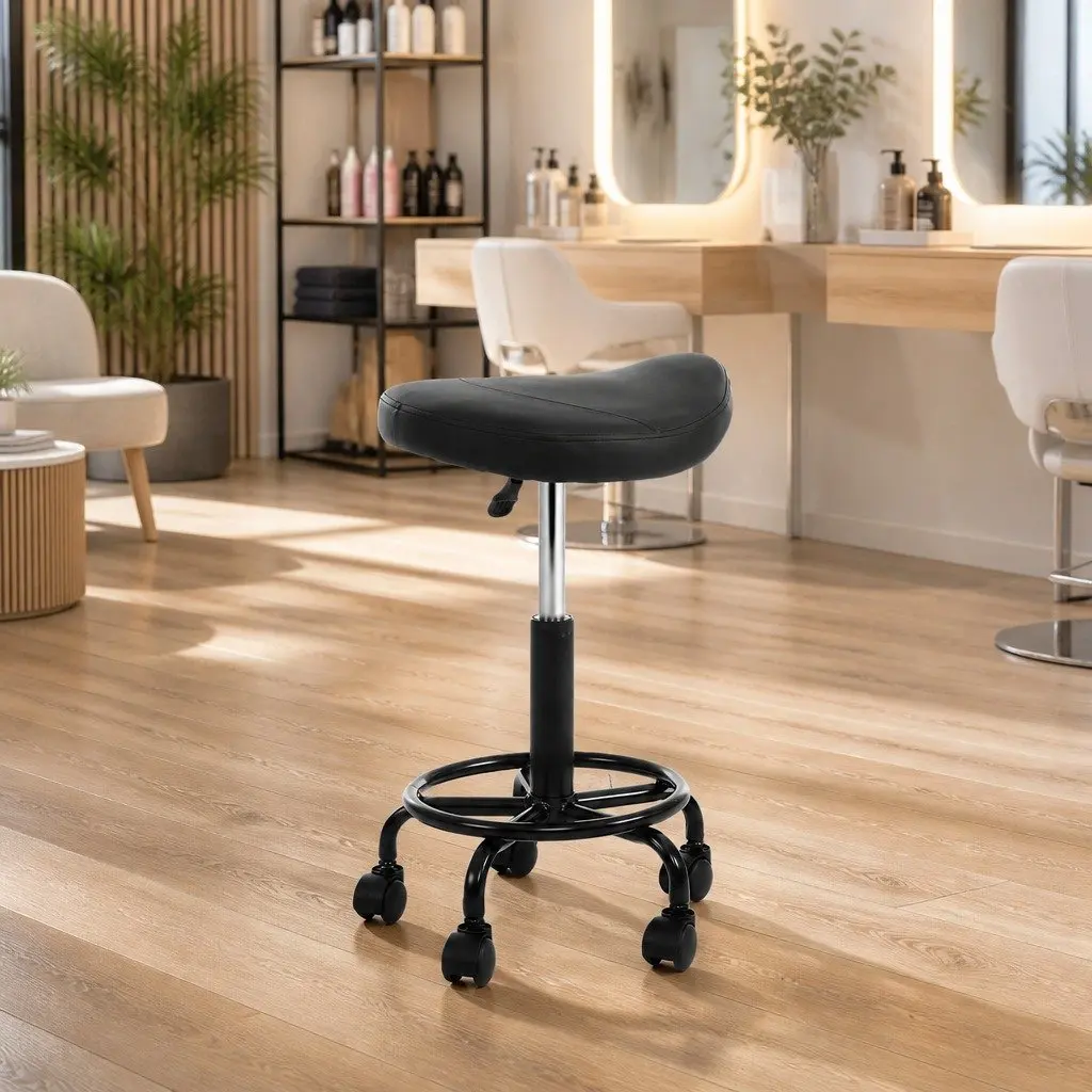 Salon Stool Saddle Swivel Chair Adjustable Height Black PU Leather