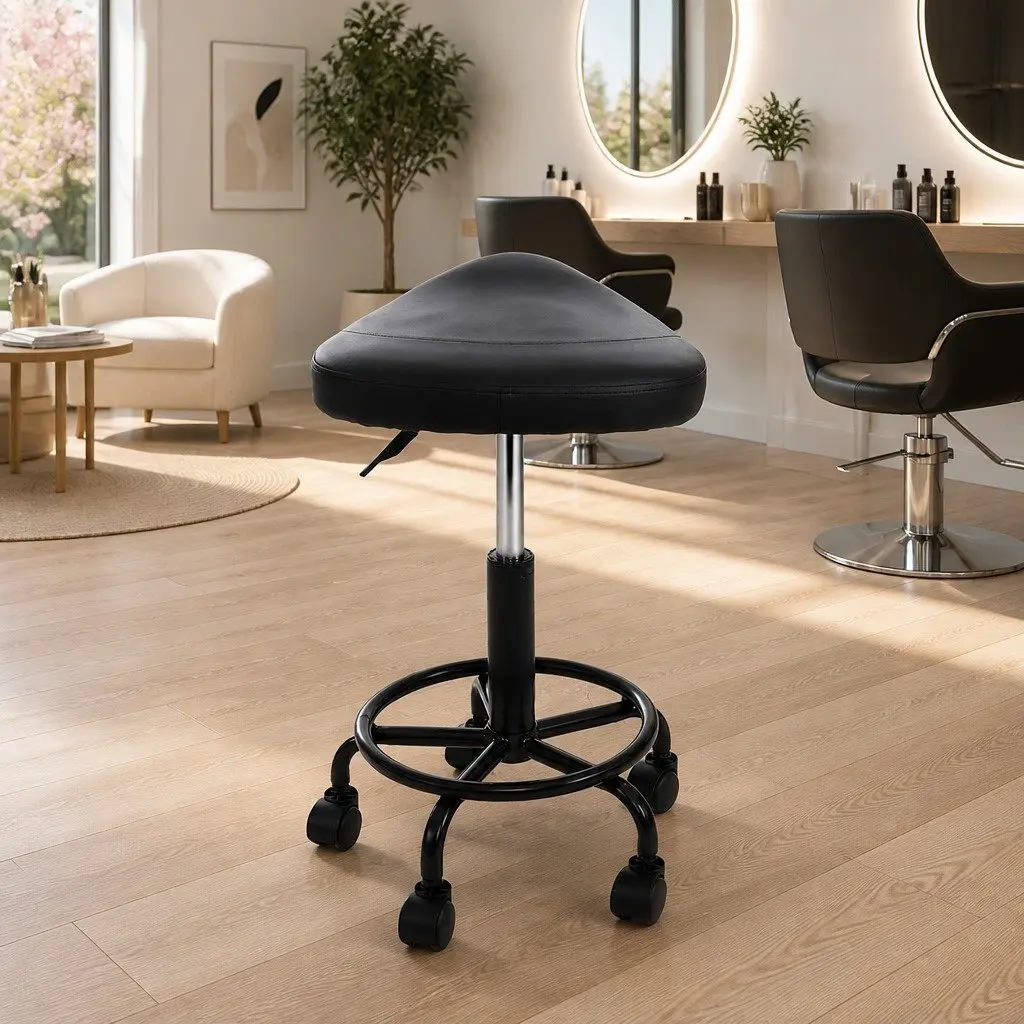 Salon Stool Saddle Swivel Chair Adjustable Height Black PU Leather