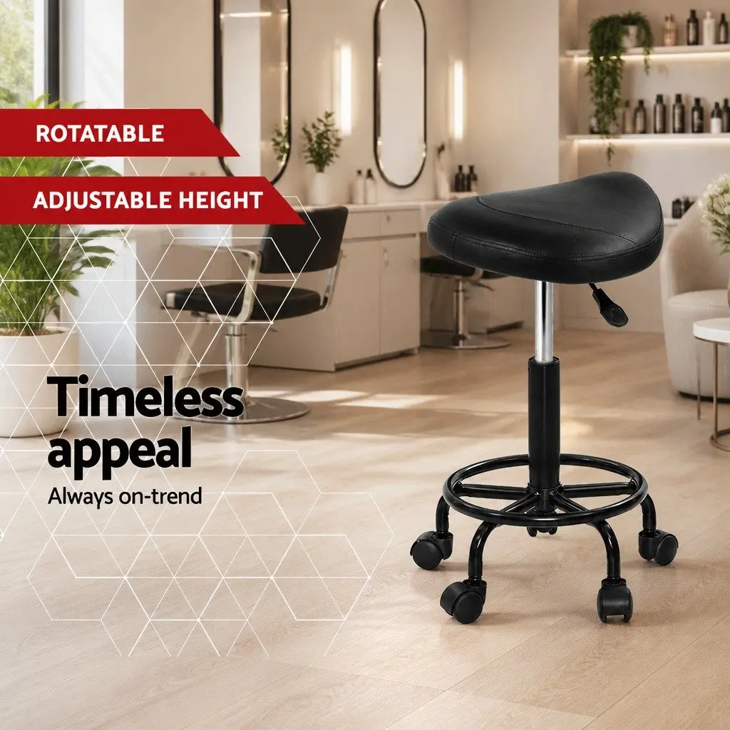 Salon Stool Saddle Swivel Chair Adjustable Height Black PU Leather