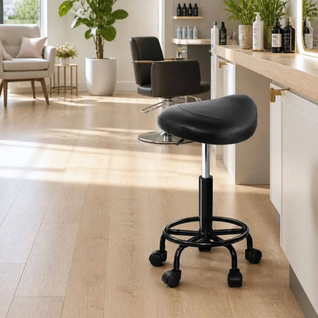 Salon Stool Saddle Swivel Chair Adjustable Height Black PU Leather