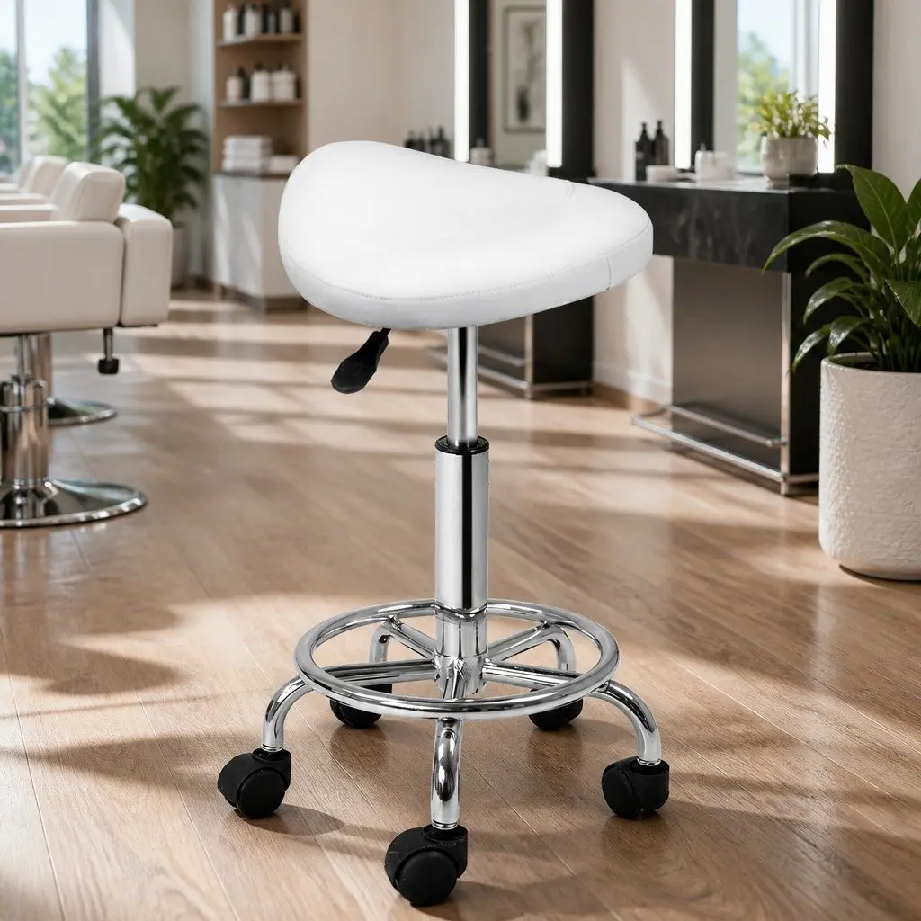 Salon Stool Saddle Swivel Chair White Adjustable Height PU Leather Chrome Iron