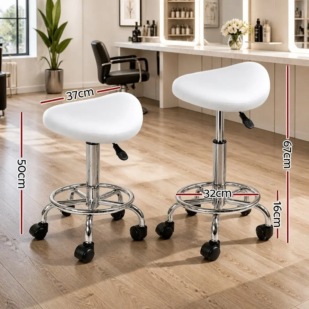 Salon Stool Saddle Swivel Chair White Adjustable Height PU Leather Chrome Iron