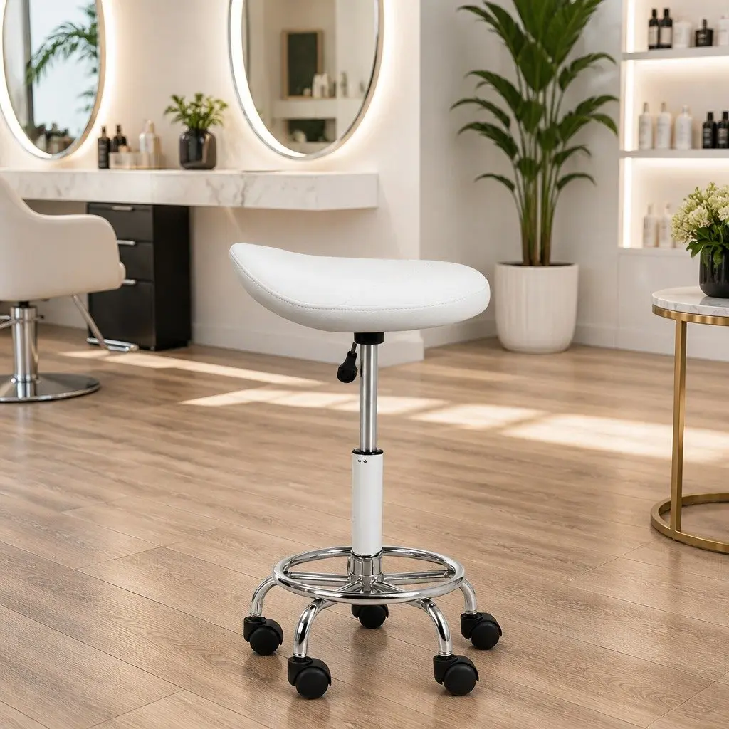 Salon Stool Saddle Swivel Chair White Adjustable Height PU Leather Chrome Iron