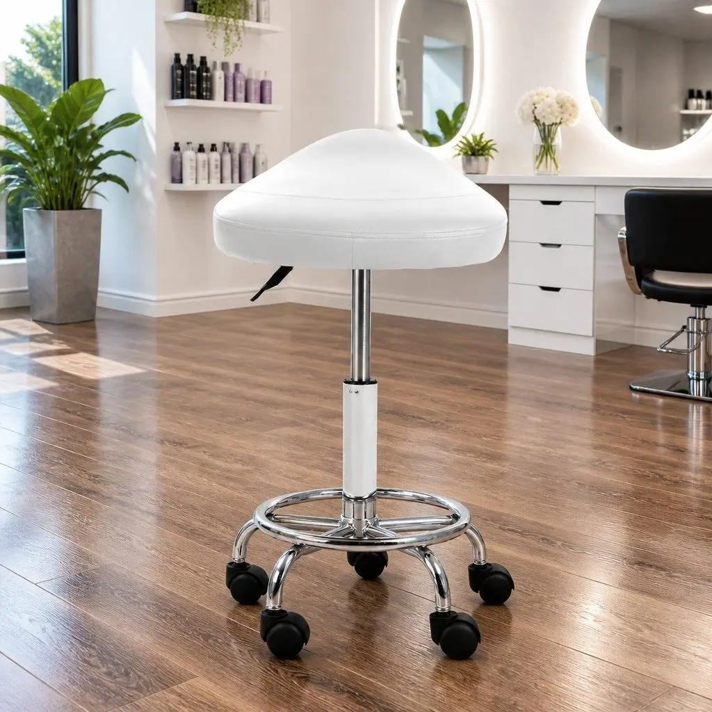Salon Stool Saddle Swivel Chair White Adjustable Height PU Leather Chrome Iron