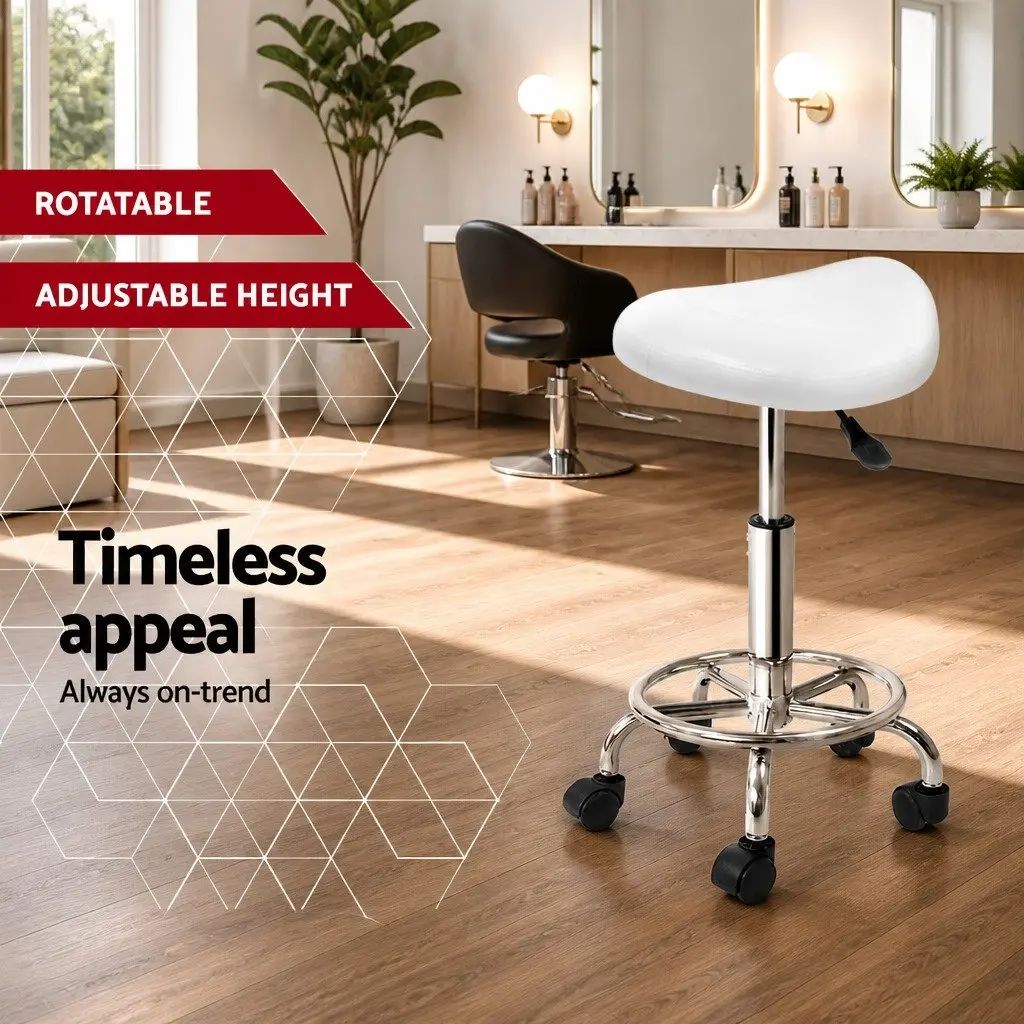 Salon Stool Saddle Swivel Chair White Adjustable Height PU Leather Chrome Iron