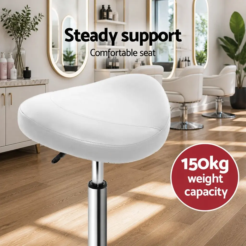 Salon Stool Saddle Swivel Chair White Adjustable Height PU Leather Chrome Iron