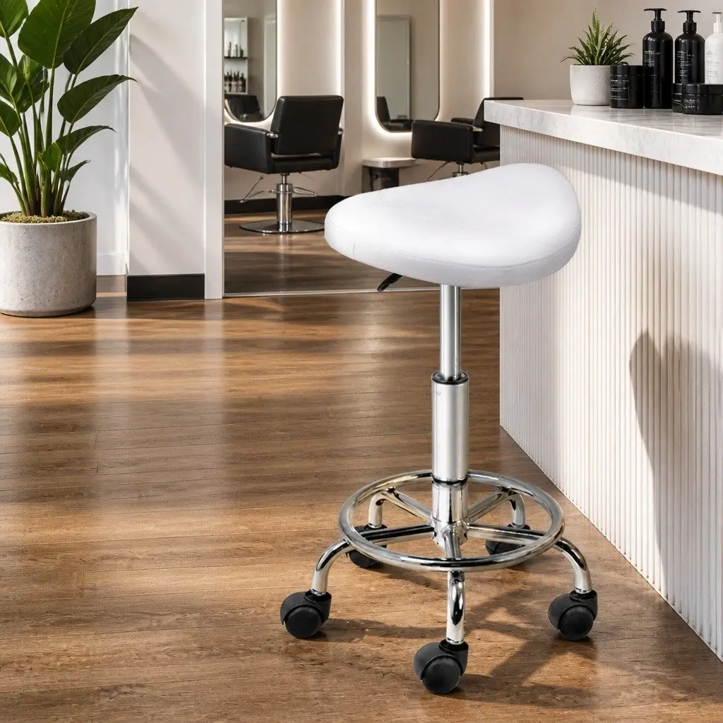 Salon Stool Saddle Swivel Chair White Adjustable Height PU Leather Chrome Iron