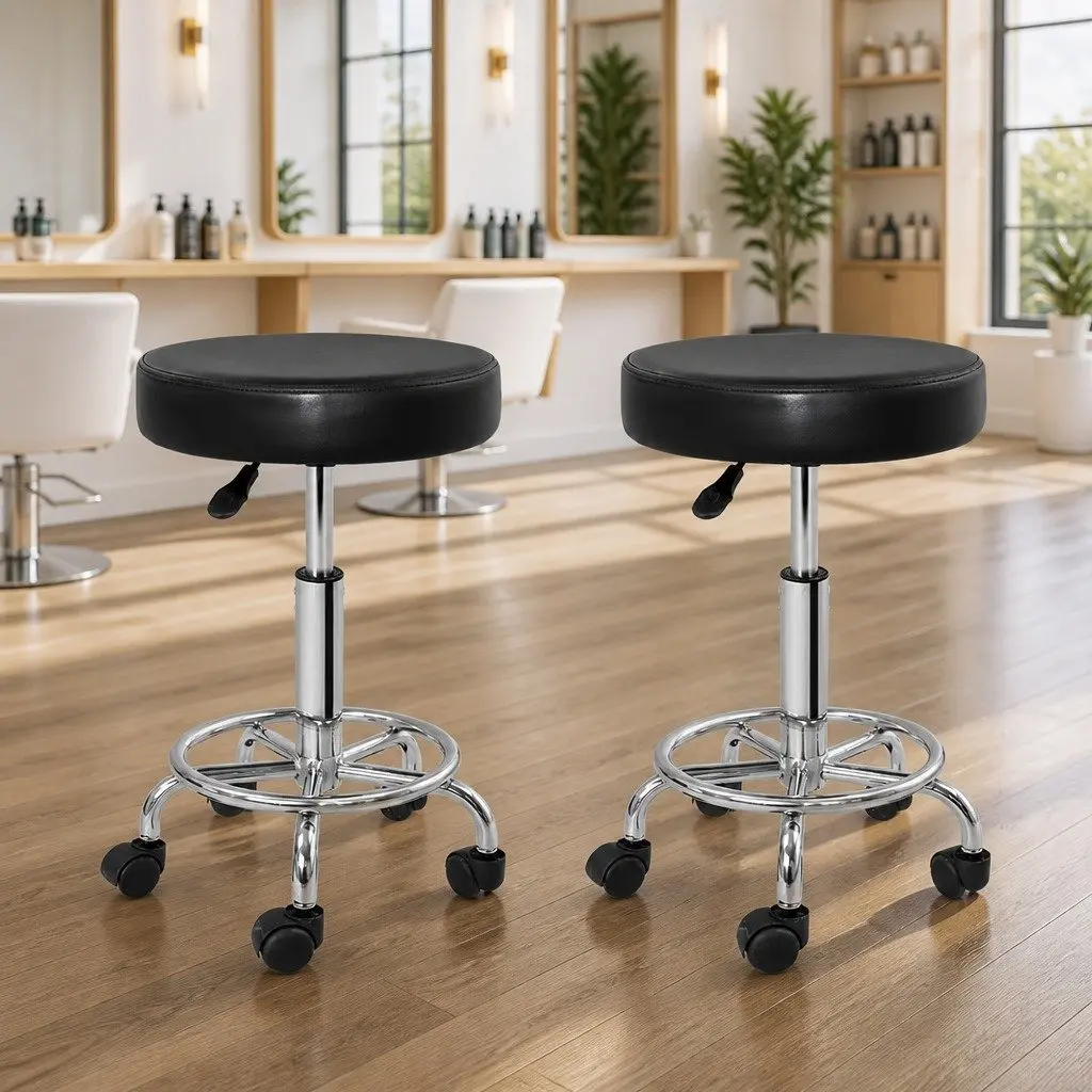 Salon Stool Round Swivel Chair Black Adjustable Height PU Leather Set of 2