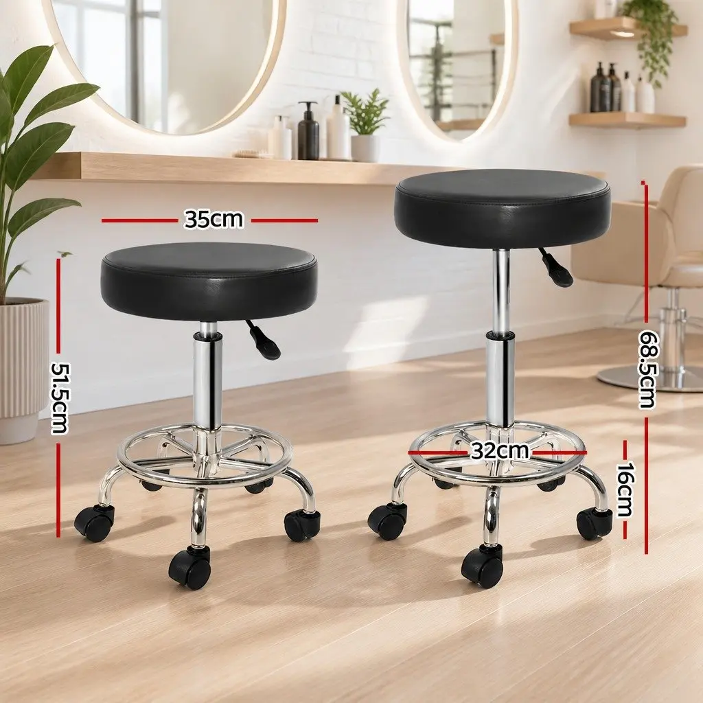 Salon Stool Round Swivel Chair Black Adjustable Height PU Leather Set of 2