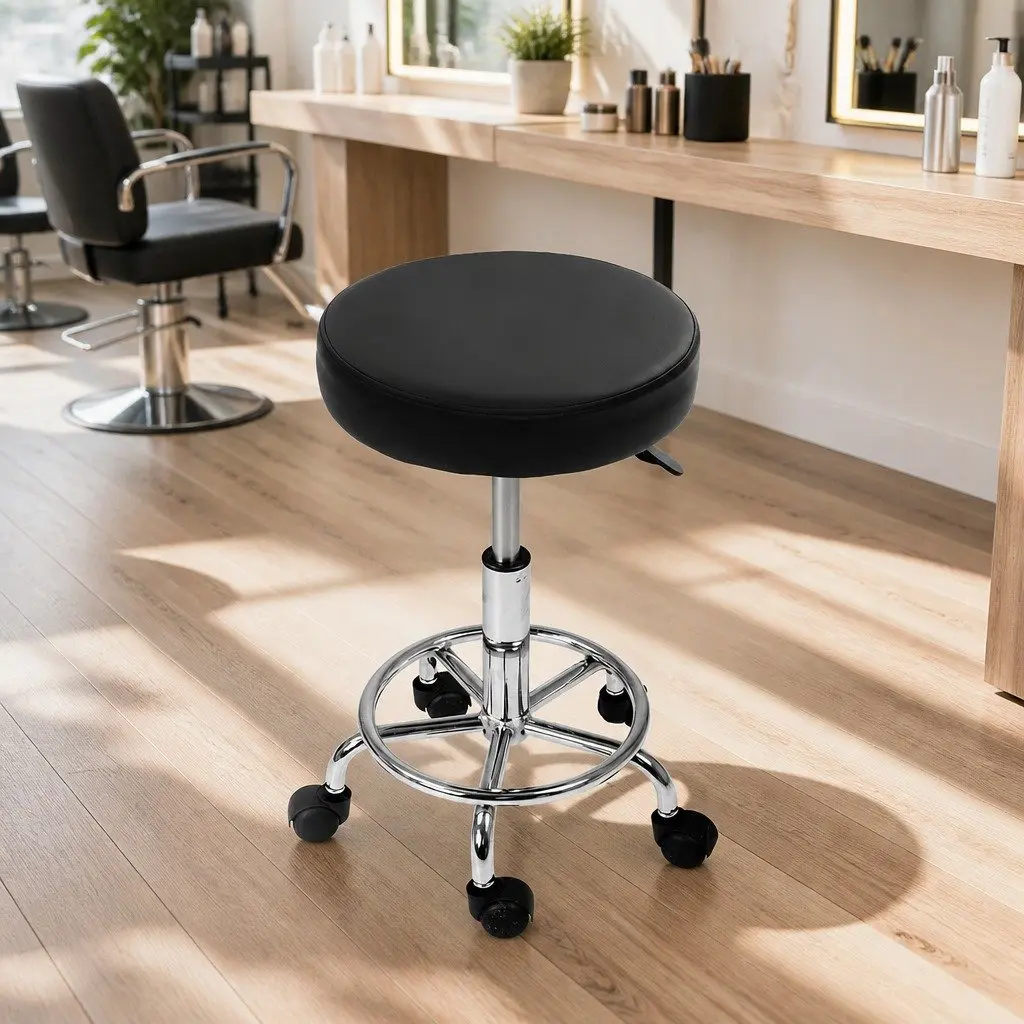Salon Stool Round Swivel Chair Black Adjustable Height PU Leather Set of 2