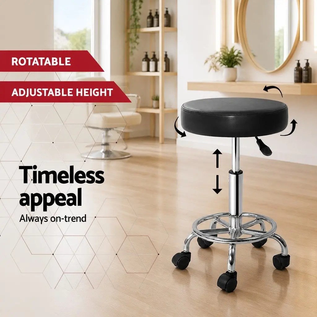 Salon Stool Round Swivel Chair Black Adjustable Height PU Leather Set of 2