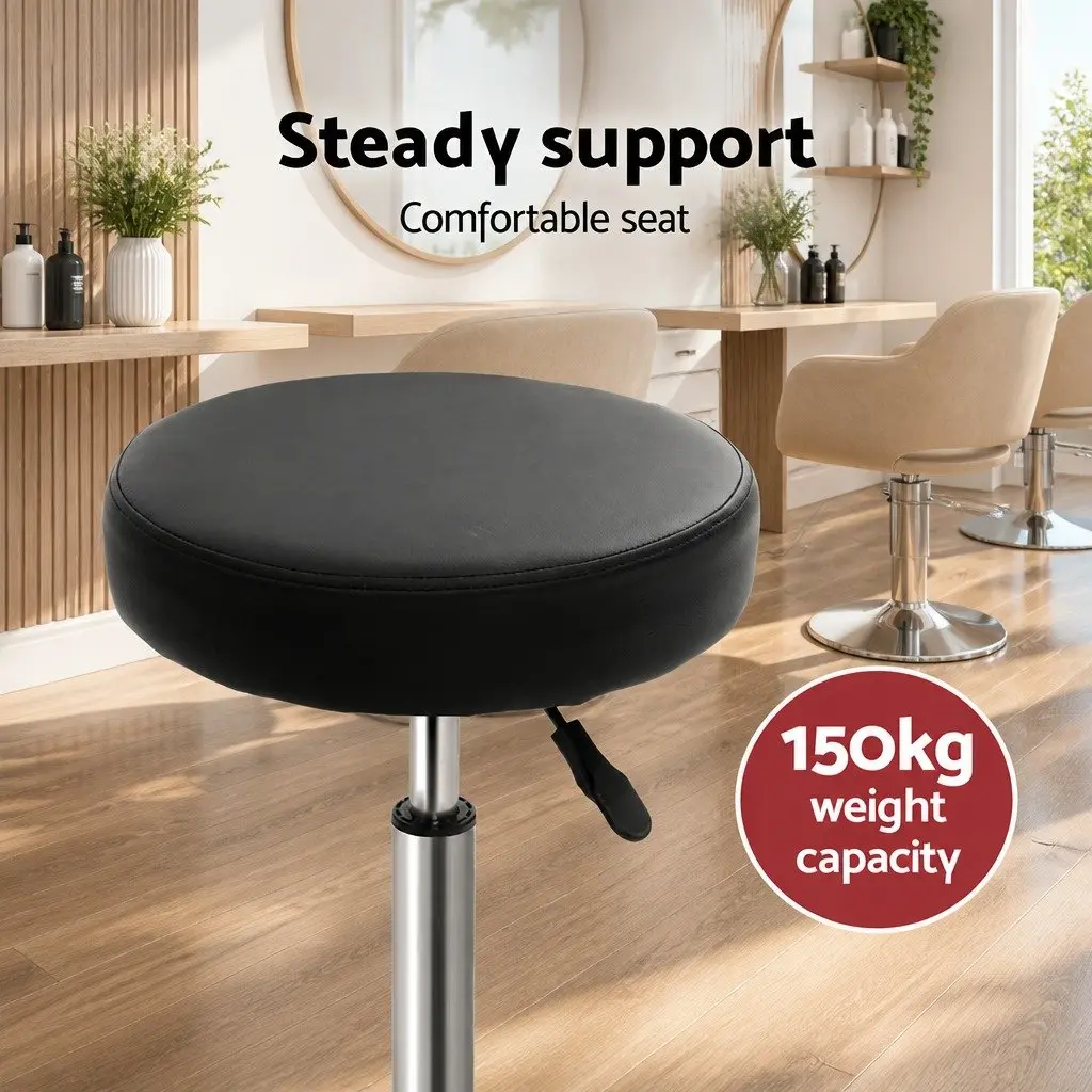 Salon Stool Round Swivel Chair Black Adjustable Height PU Leather Set of 2