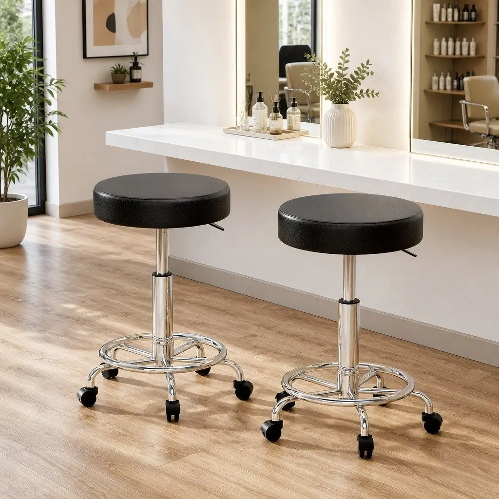 Salon Stool Round Swivel Chair Black Adjustable Height PU Leather Set of 2