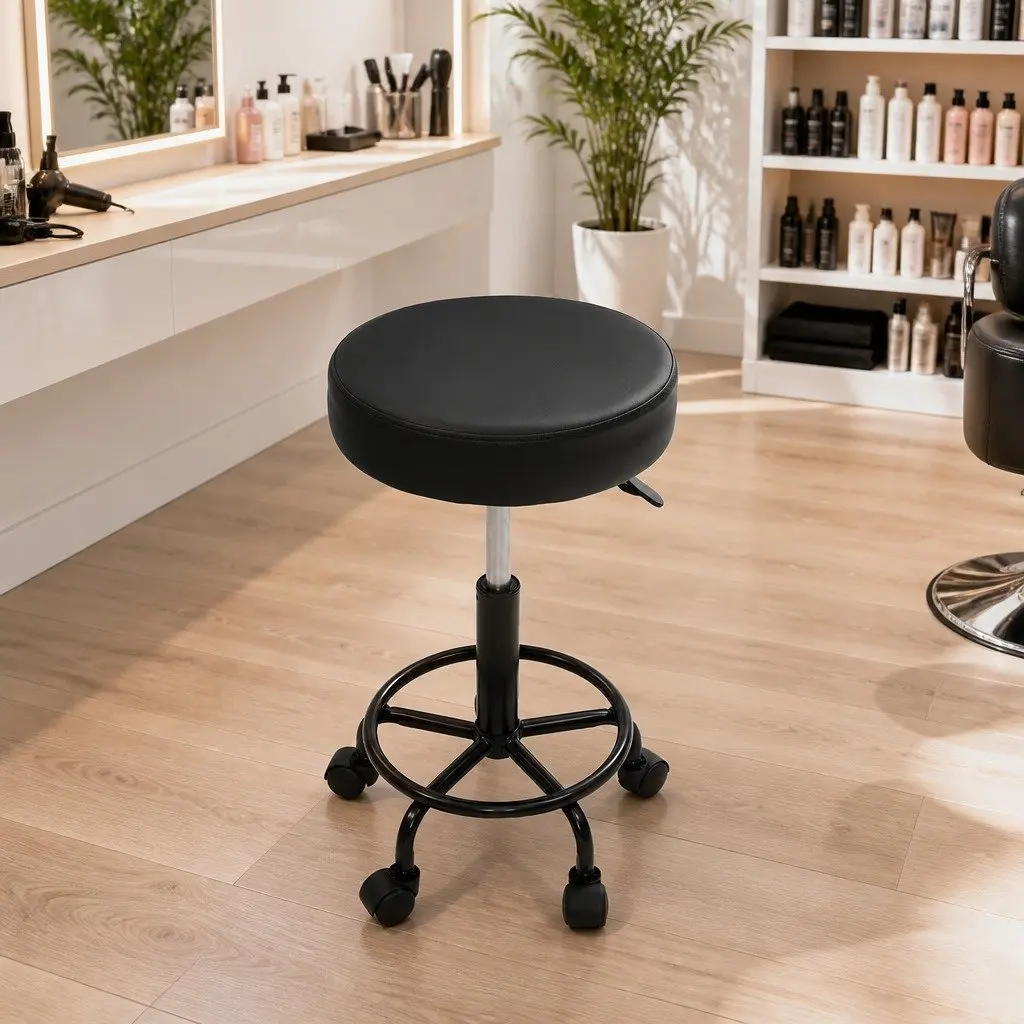 Salon Stool Round Swivel Chair Black Adjustable Height PU Leather 360 Rotating