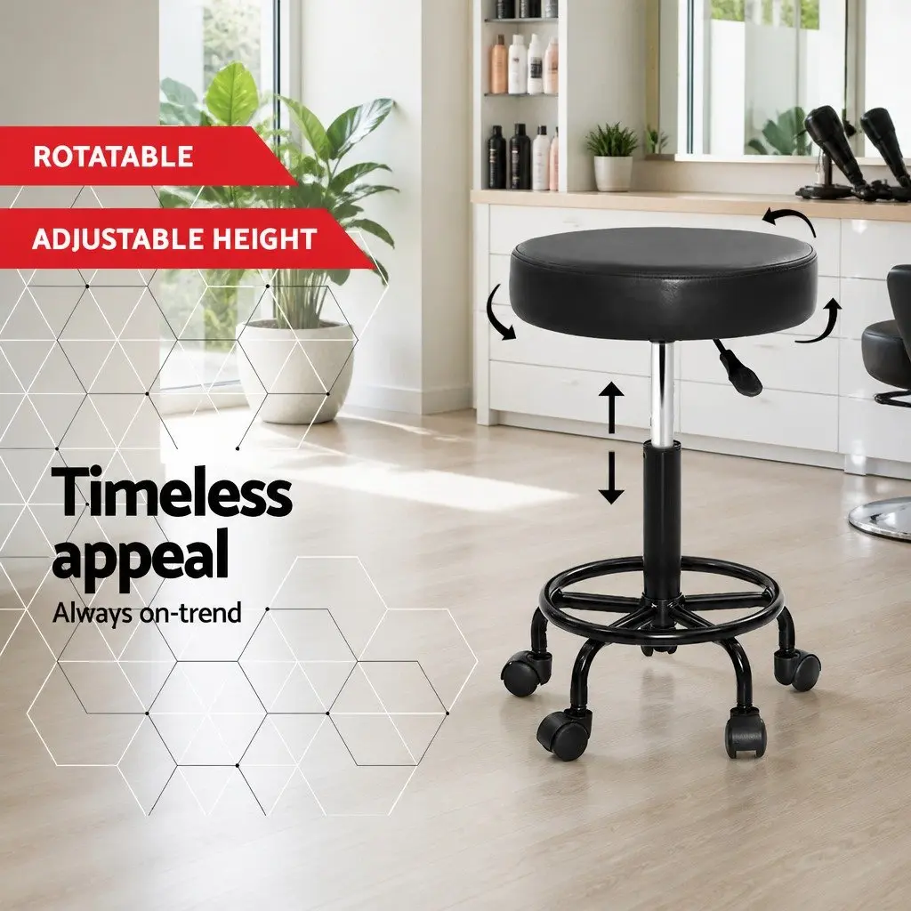 Salon Stool Round Swivel Chair Black Adjustable Height PU Leather 360 Rotating