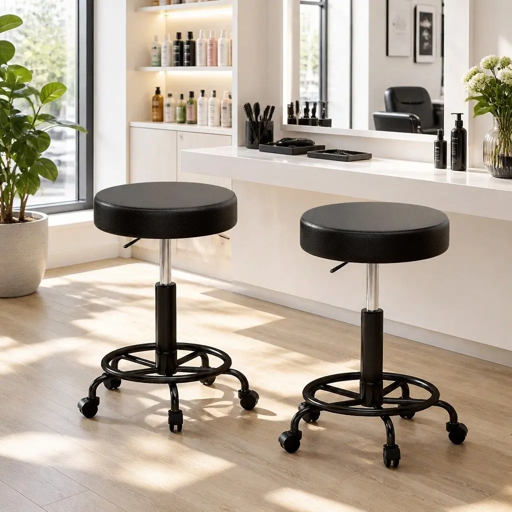 Salon Stool Round Swivel Chair Black Adjustable Height PU Leather 360 Rotating