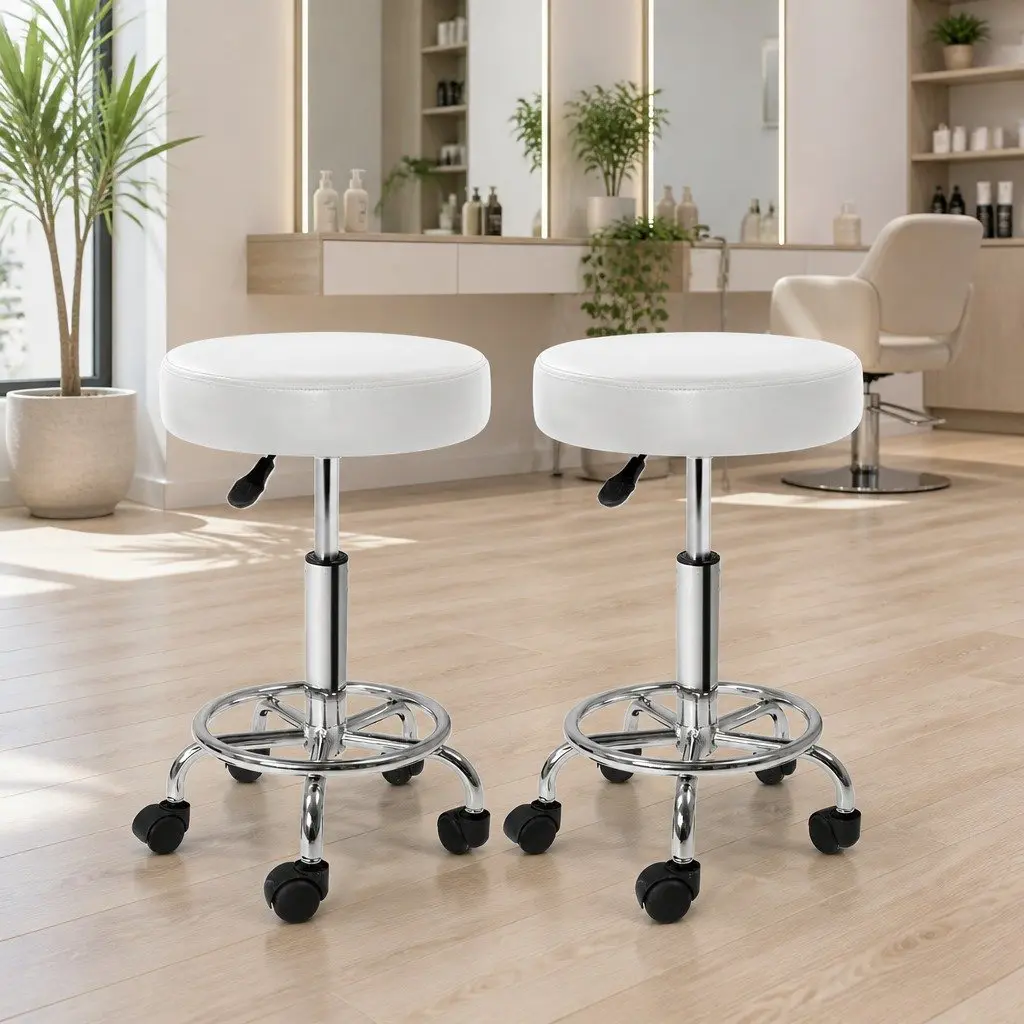 Salon Stool Round Swivel Chair White Adjustable Height PU Leather Chrome Iron 2 Piece