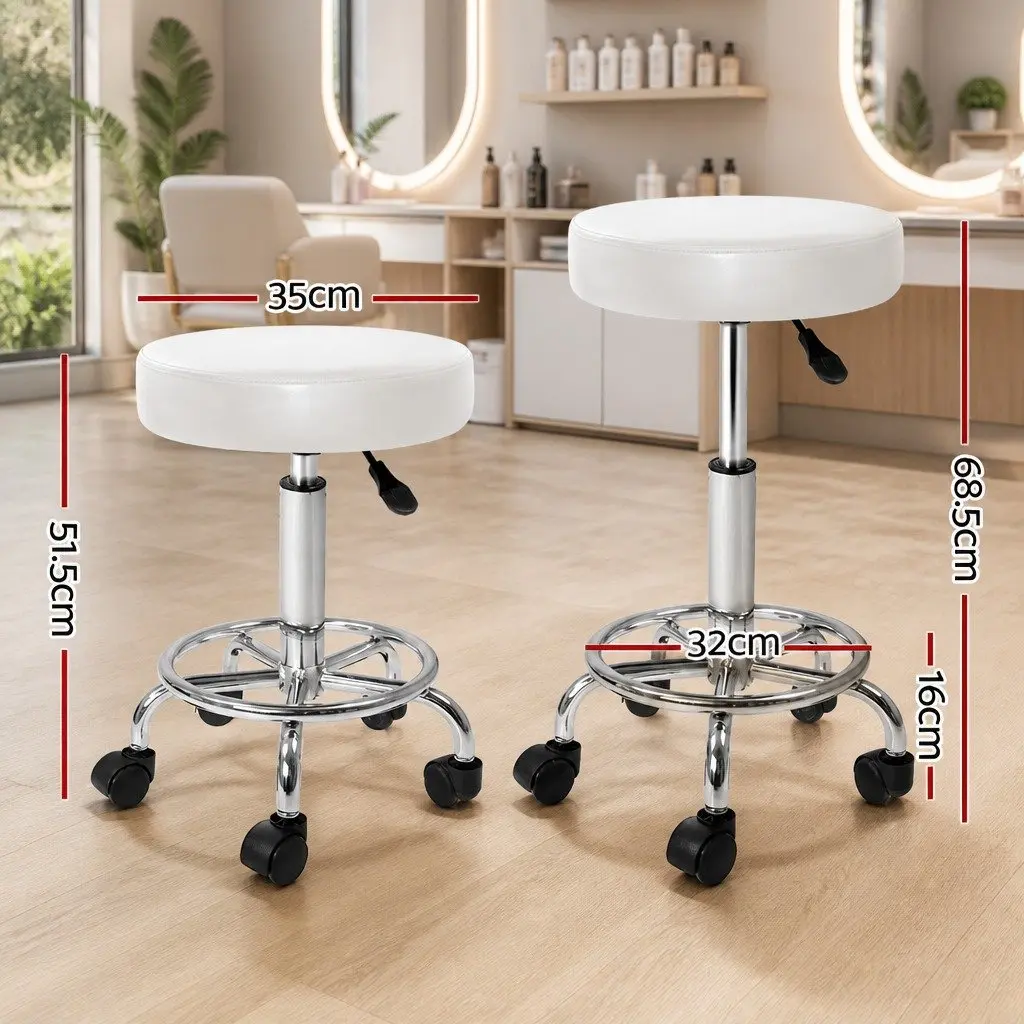 Salon Stool Round Swivel Chair White Adjustable Height PU Leather Chrome Iron 2 Piece