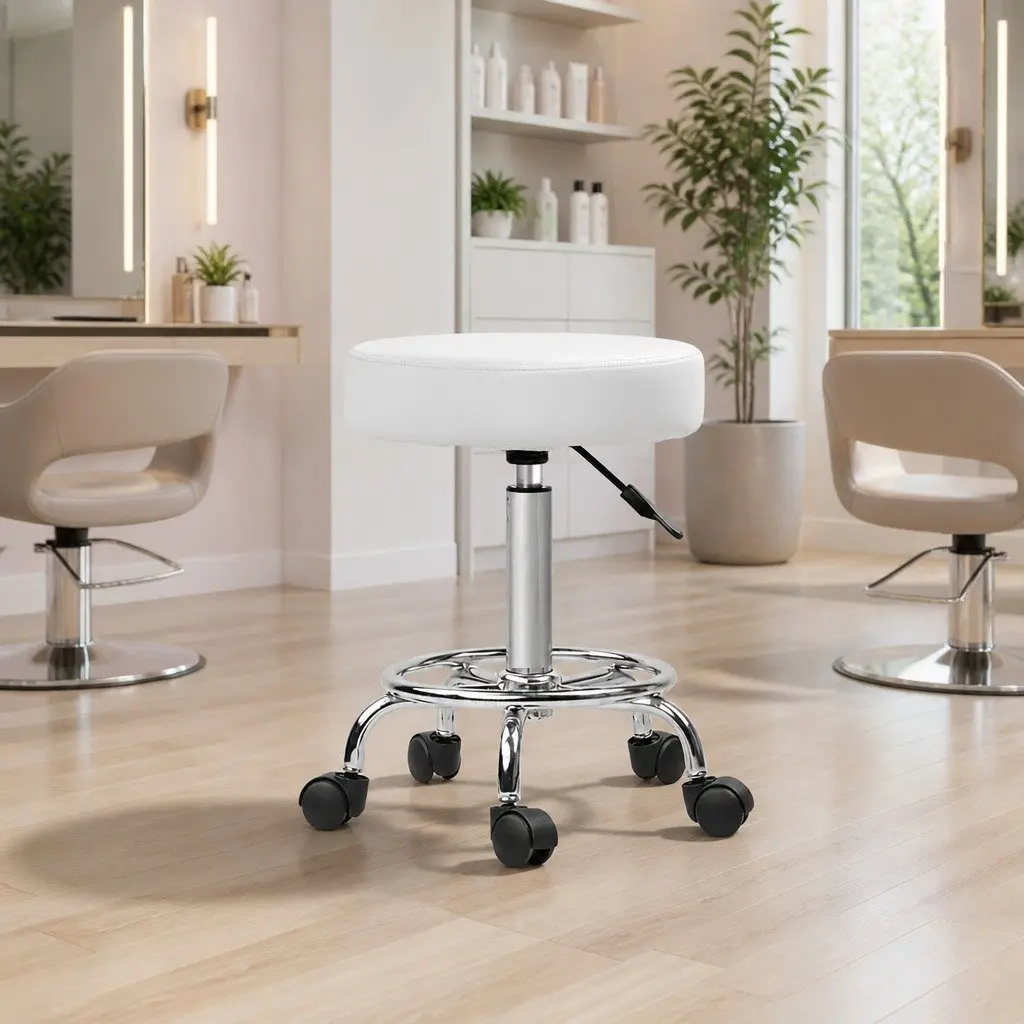 Salon Stool Round Swivel Chair White Adjustable Height PU Leather Chrome Iron 2 Piece