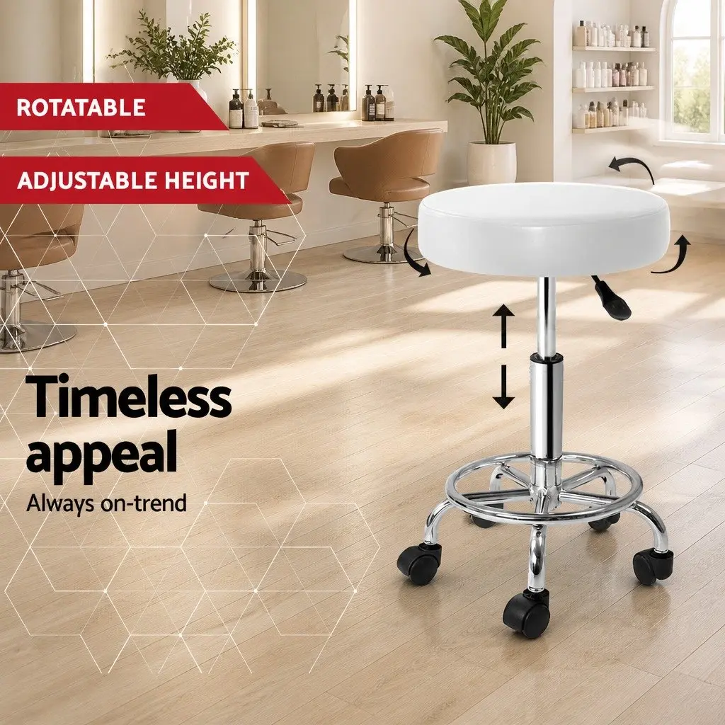 Salon Stool Round Swivel Chair White Adjustable Height PU Leather Chrome Iron 2 Piece