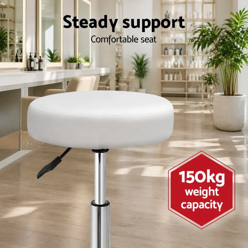 Salon Stool Round Swivel Chair White Adjustable Height PU Leather Chrome Iron 2 Piece