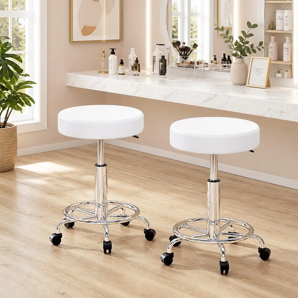 Salon Stool Round Swivel Chair White Adjustable Height PU Leather Chrome Iron 2 Piece
