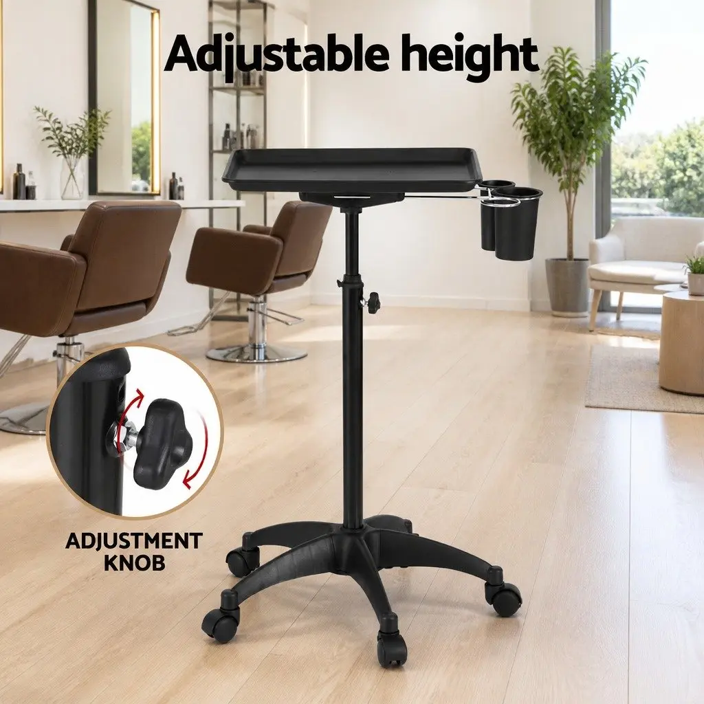 Salon Trolley Cart Rolling Storage Tray Black Adjustable Height Five Wheels Aluminum Iron Plastic