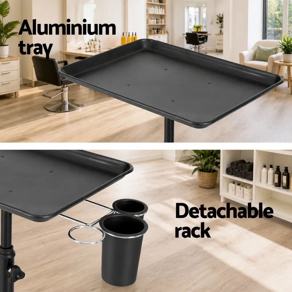 Salon Trolley Cart Rolling Storage Tray Black Adjustable Height Five Wheels Aluminum Iron Plastic
