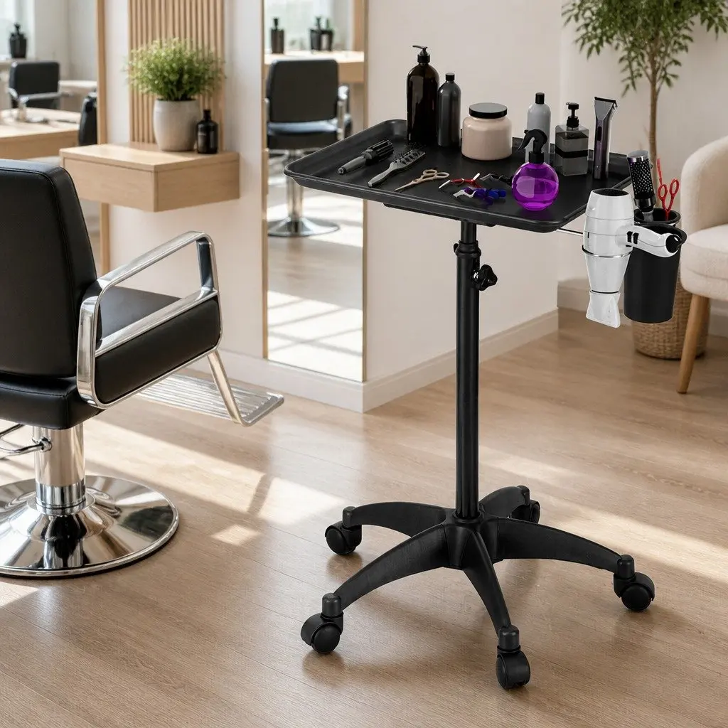 Salon Trolley Cart Rolling Storage Tray Black Adjustable Height Five Wheels Aluminum Iron Plastic