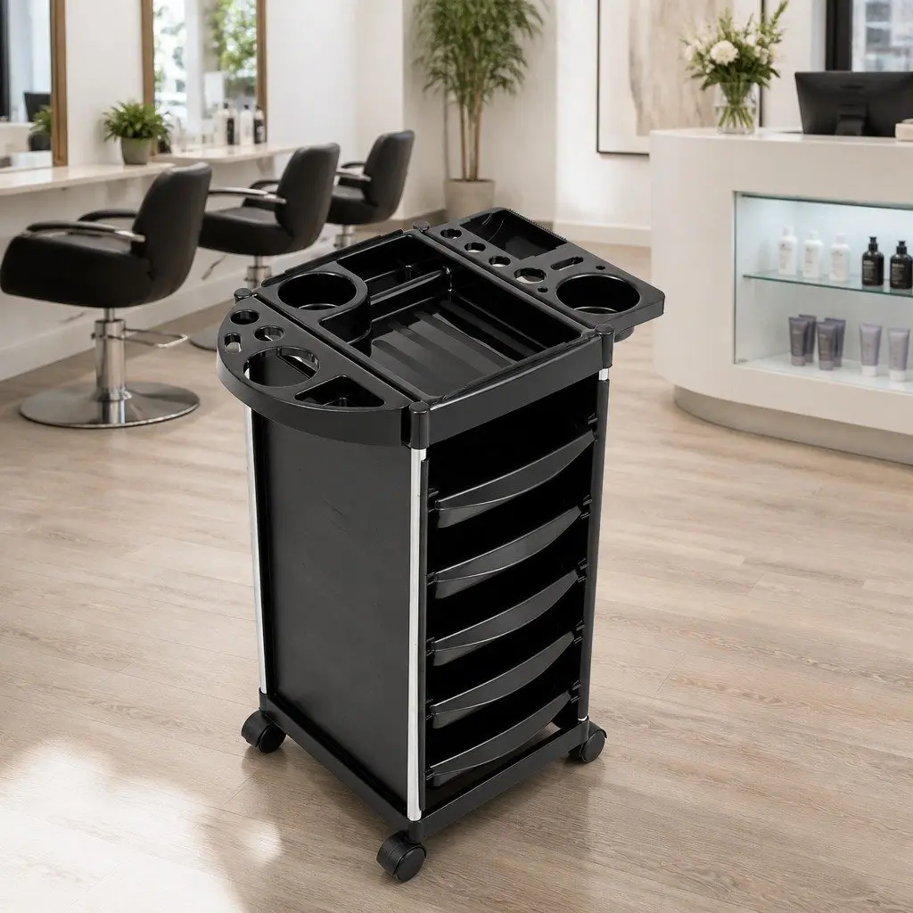 Salon Trolley Cart Black 6 Tier Rolling Storage Metal Utility Trolley for Hairdressing Beauty Spa Styling