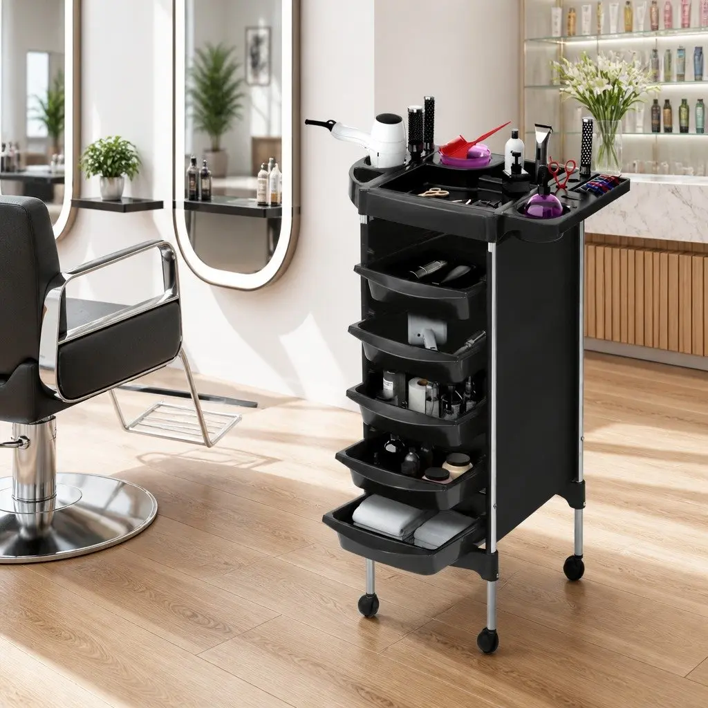 Salon Trolley Cart Black 6 Tier Rolling Storage Metal Utility Trolley for Hairdressing Beauty Spa Styling