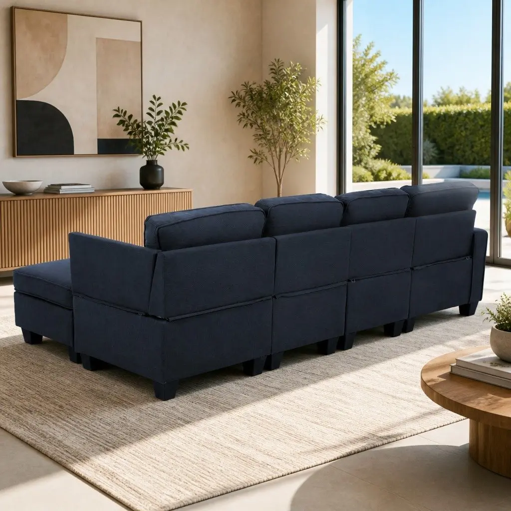 Modular Sofa Chaise Set Dark Grey 5-Seater Faux Linen Upholstery Reconfigurable Couch