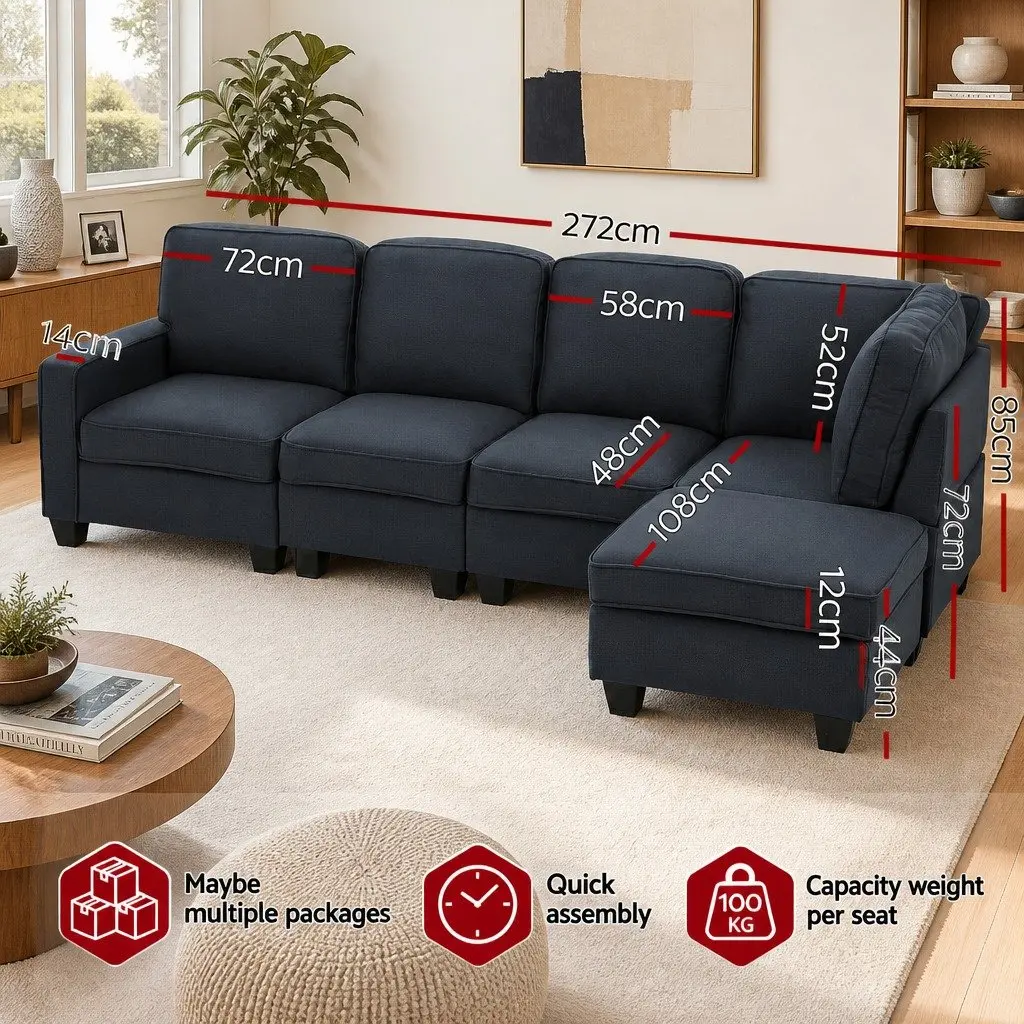 Modular Sofa Chaise Set Dark Grey 5-Seater Faux Linen Upholstery Reconfigurable Couch