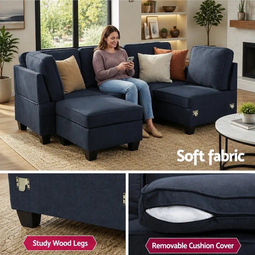 Modular Sofa Chaise Set Dark Grey 5-Seater Faux Linen Upholstery Reconfigurable Couch