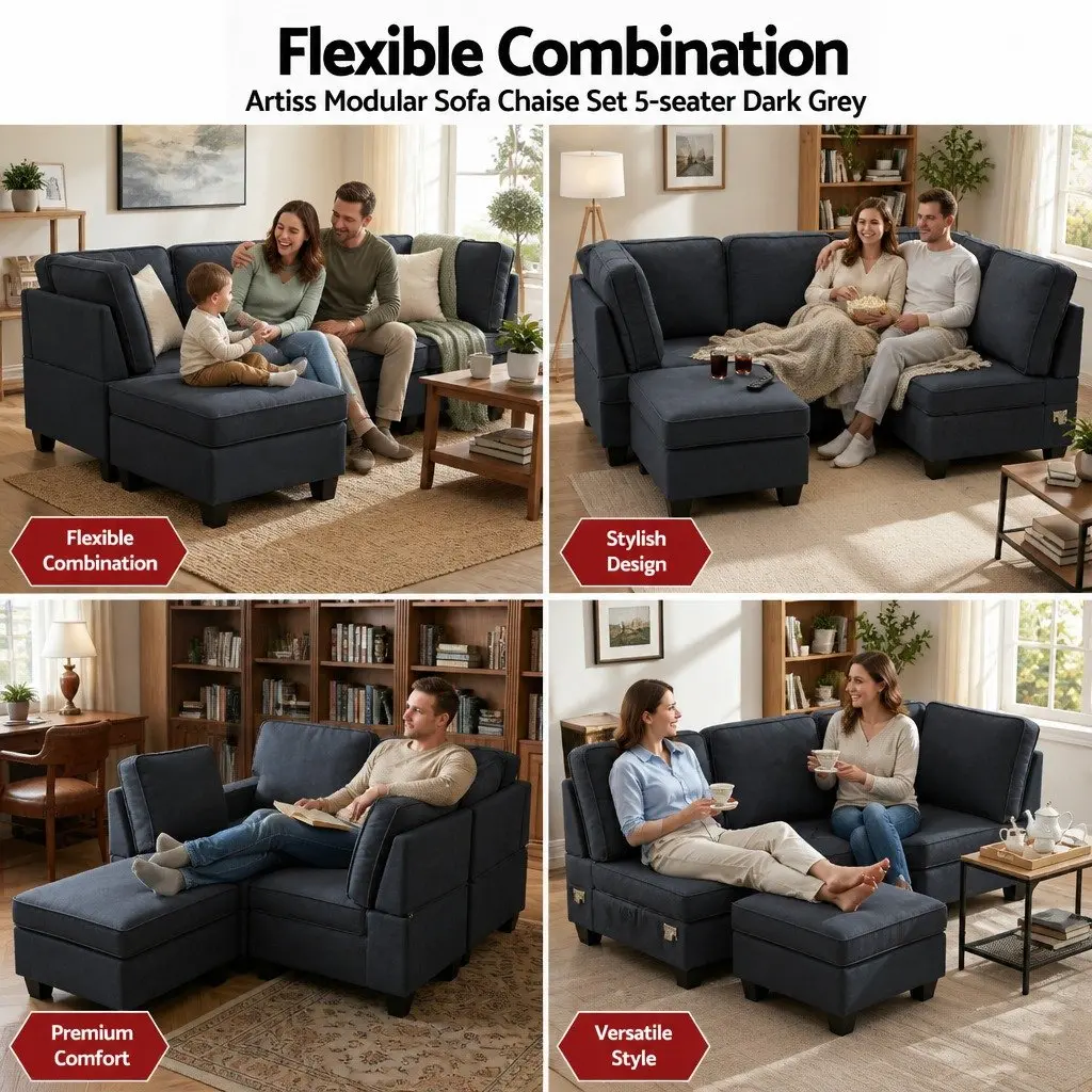 Modular Sofa Chaise Set Dark Grey 5-Seater Faux Linen Upholstery Reconfigurable Couch