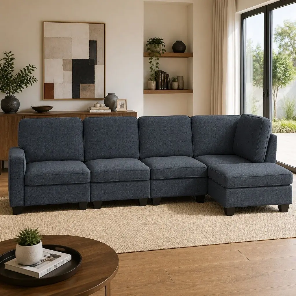 Modular Sofa Chaise Set Dark Grey 5-Seater Faux Linen Upholstery Reconfigurable Couch