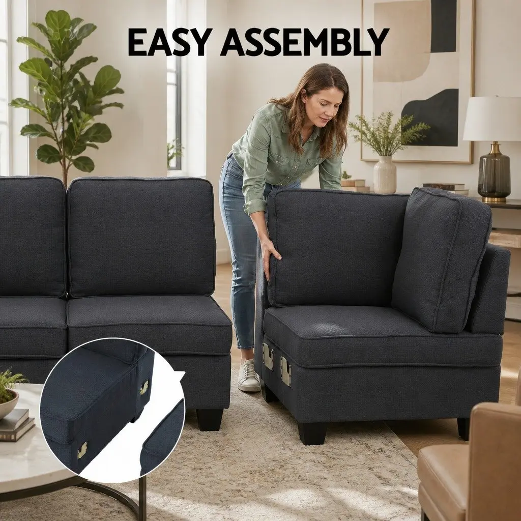 Modular Sofa Chaise Set Dark Grey 4-Seater Faux Linen