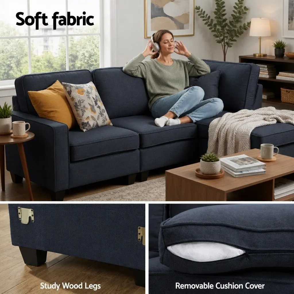 Modular Sofa Chaise Set Dark Grey 4-Seater Faux Linen