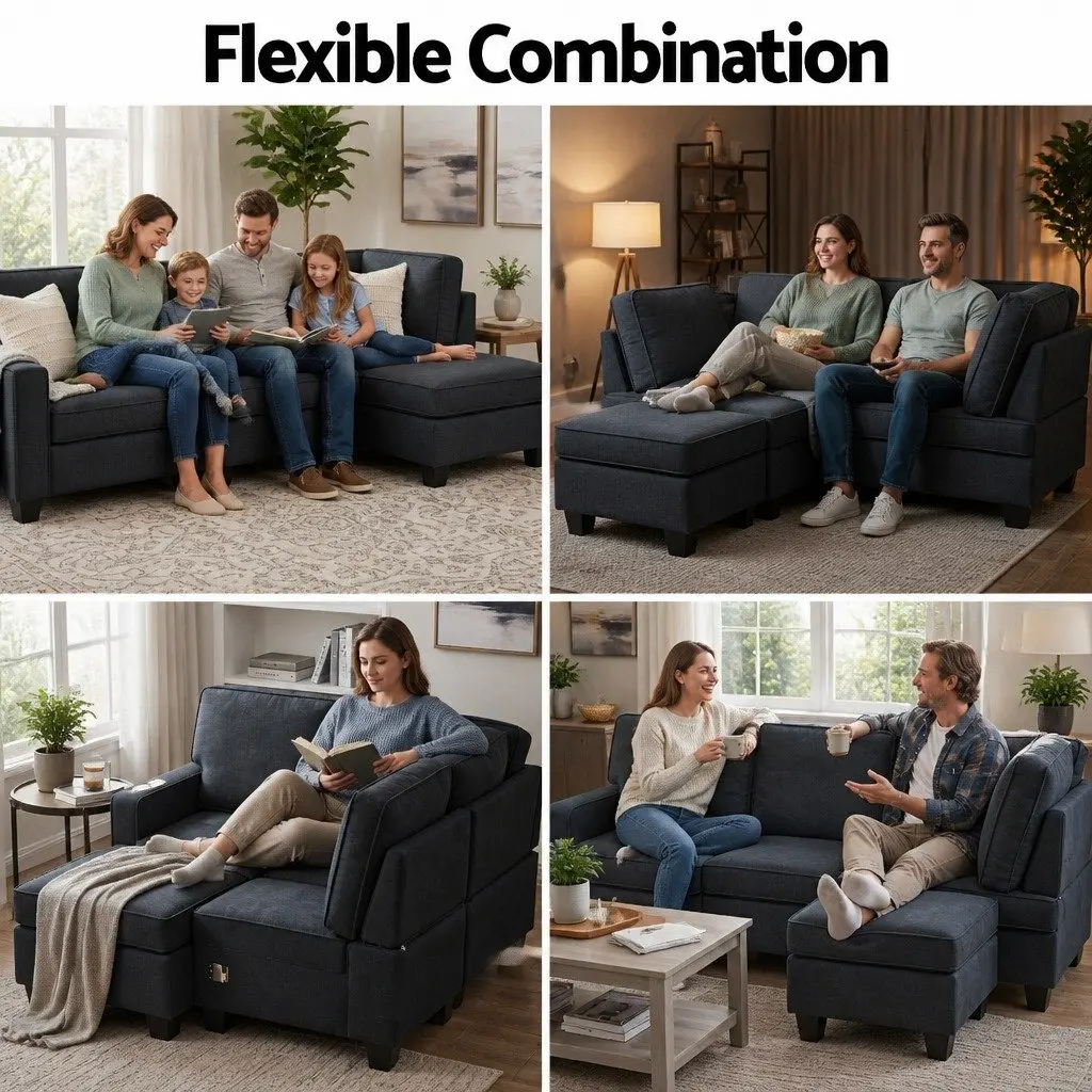 Modular Sofa Chaise Set Dark Grey 4-Seater Faux Linen