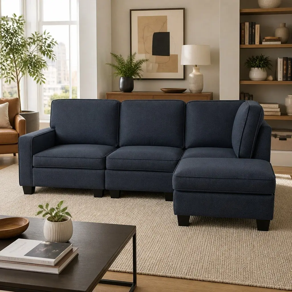 Modular Sofa Chaise Set Dark Grey 4-Seater Faux Linen