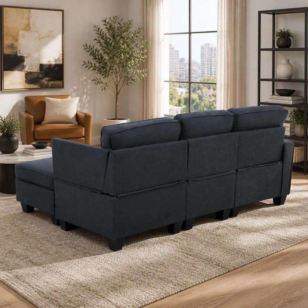 Modular Sofa Chaise Set Dark Grey 4-Seater Faux Linen