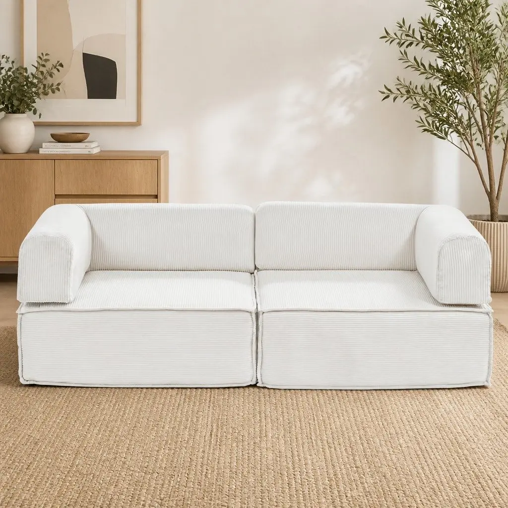 Convertible Sofa Bed Beige 2-Seater Corduroy Steel Frame Furniture