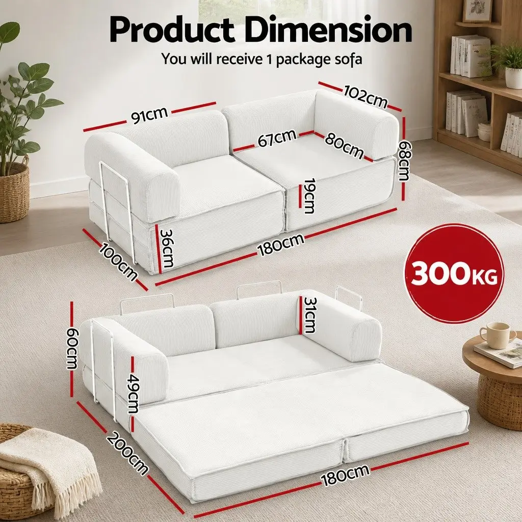 Convertible Sofa Bed Beige 2-Seater Corduroy Steel Frame Furniture