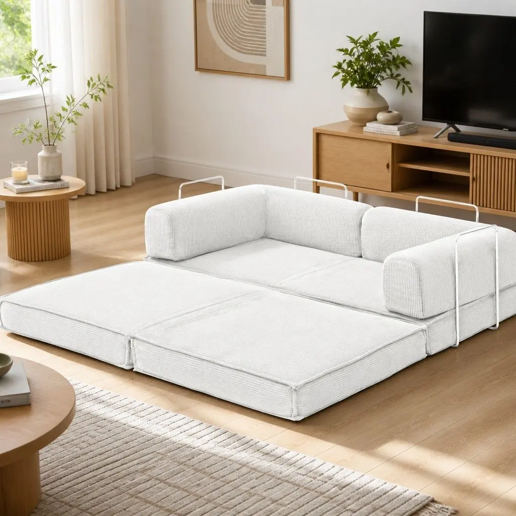 Convertible Sofa Bed Beige 2-Seater Corduroy Steel Frame Furniture