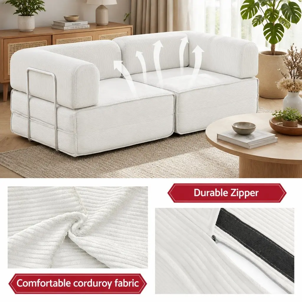 Convertible Sofa Bed Beige 2-Seater Corduroy Steel Frame Furniture