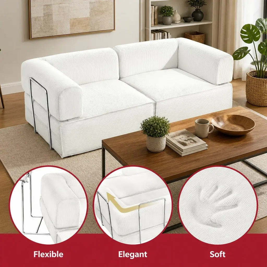 Convertible Sofa Bed Beige 2-Seater Corduroy Steel Frame Furniture