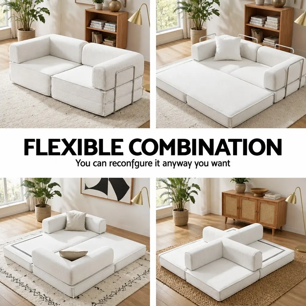 Convertible Sofa Bed Beige 2-Seater Corduroy Steel Frame Furniture