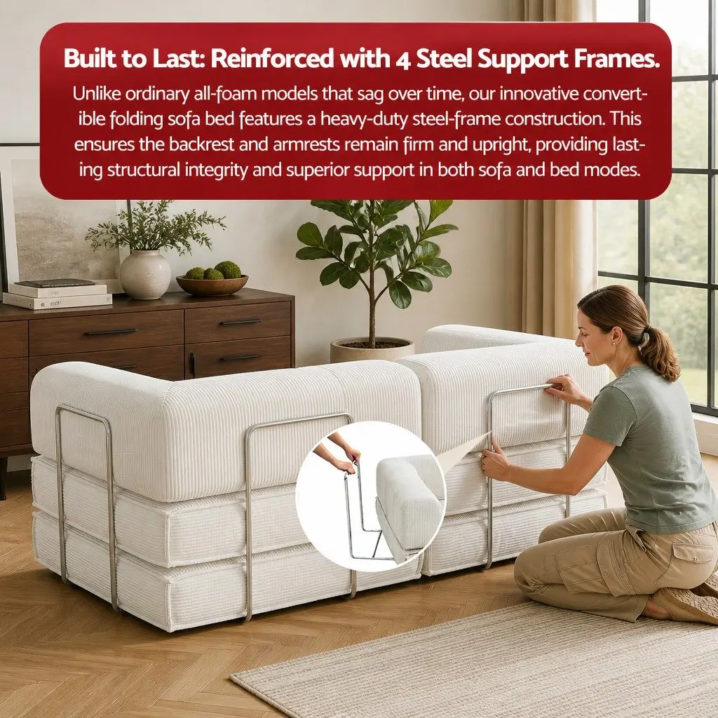 Convertible Sofa Bed Beige 2-Seater Corduroy Steel Frame Furniture