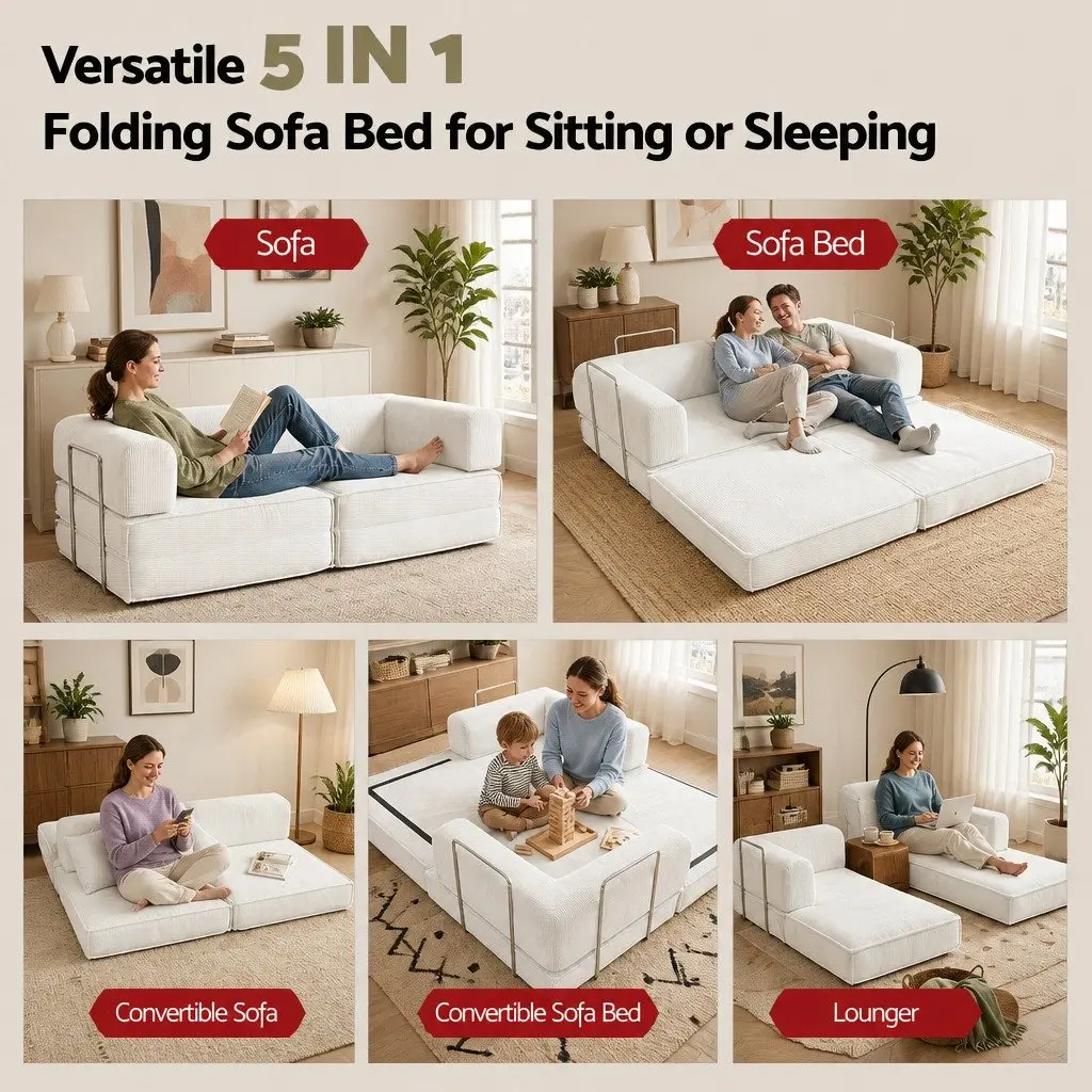 Convertible Sofa Bed Beige 2-Seater Corduroy Steel Frame Furniture