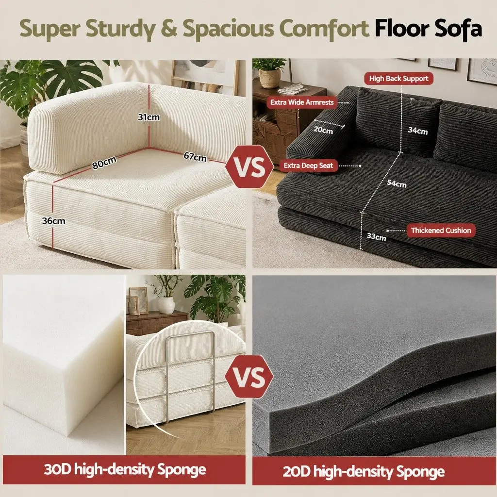 Convertible Sofa Bed Beige 2-Seater Corduroy Steel Frame Furniture
